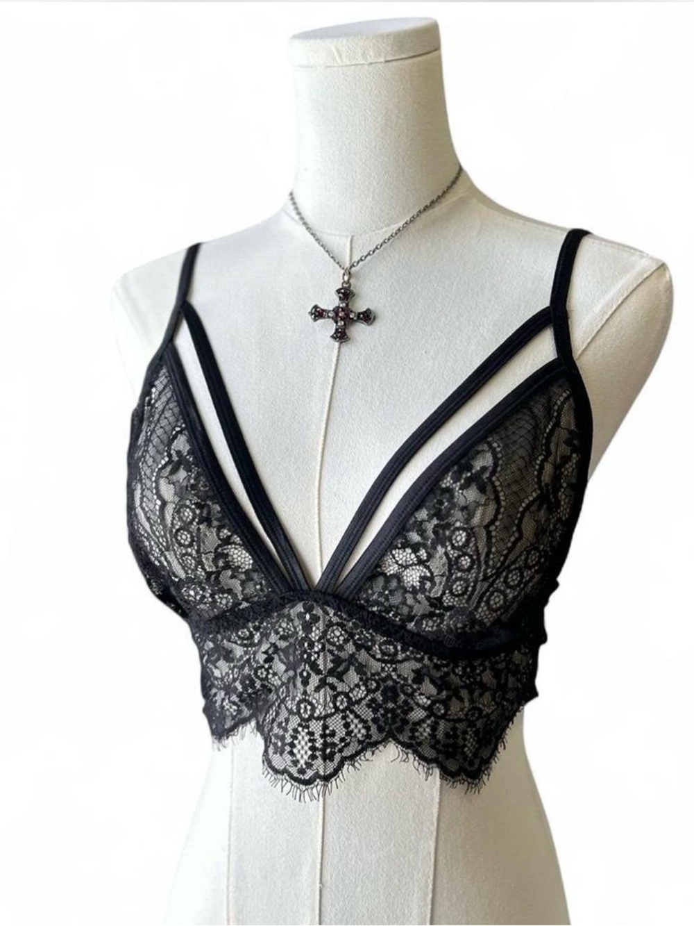 Sheer Black Fairy Goth Scalloped Lace Cami Bralette Deep V-neck Double Straps M